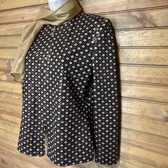 St. John Evening Black Gold Knit Jacket Zip Paillettes Rhinestone W/Scarf Sz 2 - Picture 3 of 15